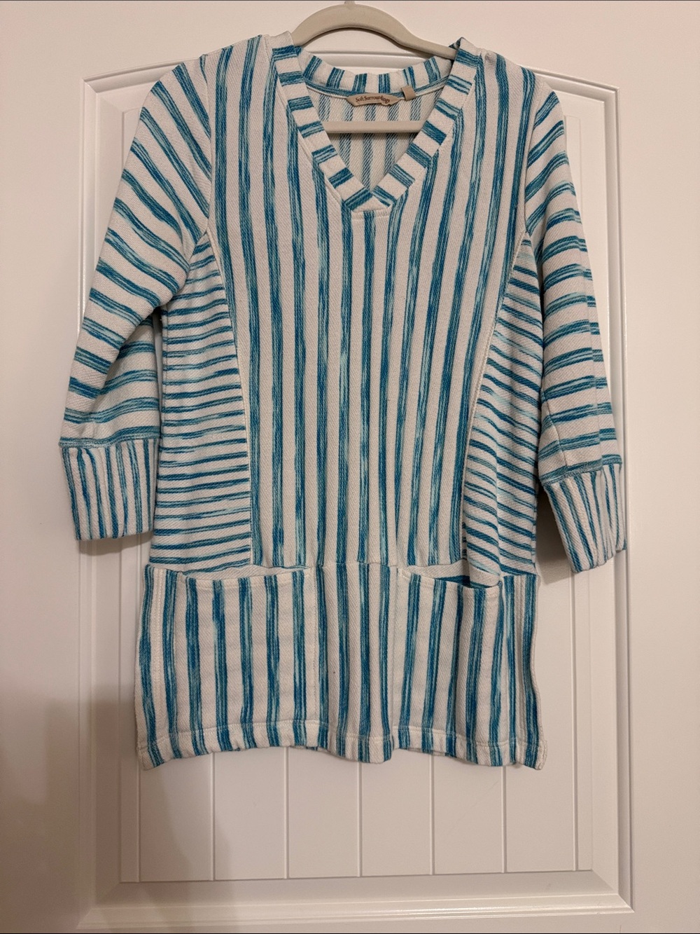 Soft Surroundings White and Teal Striped V-Neck Pullover